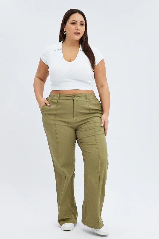 Green Wideleg Pants Seam Front Cotton