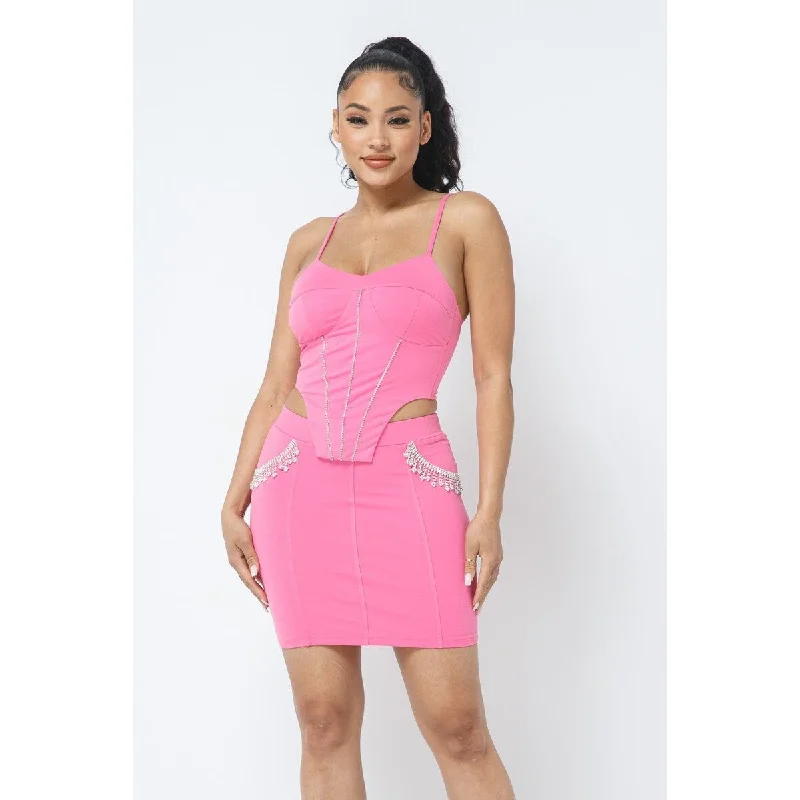 Rhinestone Detailed Strappy Cropped Top With Matching Rhinestone Pocket Detail Mini Skirt