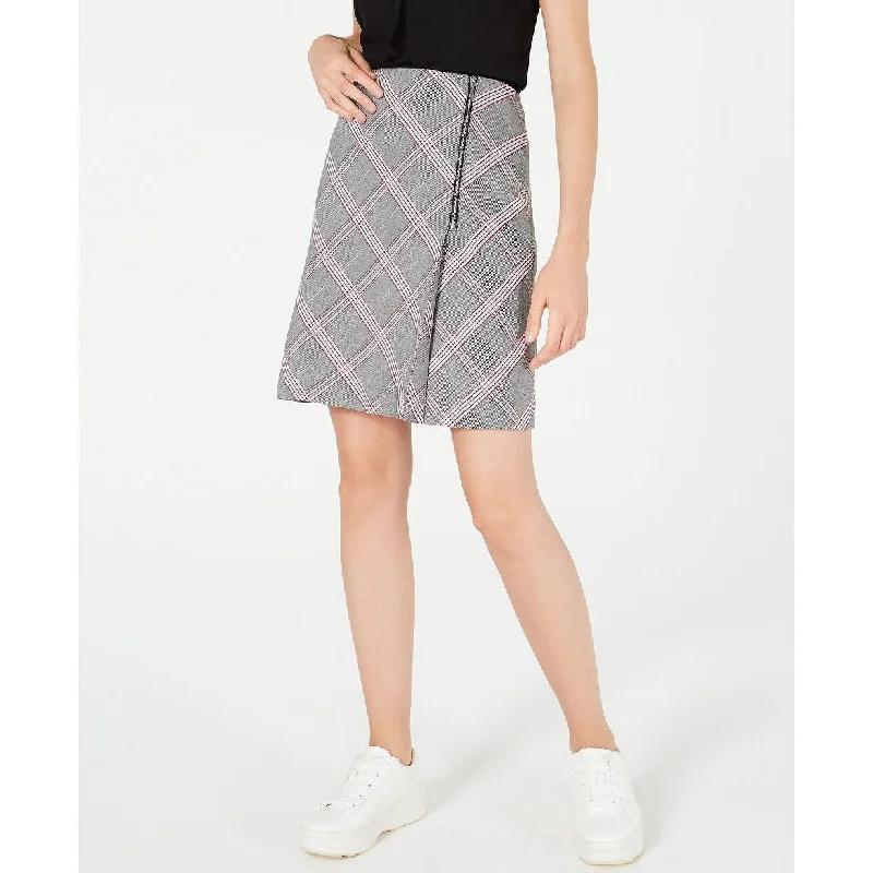 Bar III Women's Zipper-Detail Plaid Skirt Gray Size 16