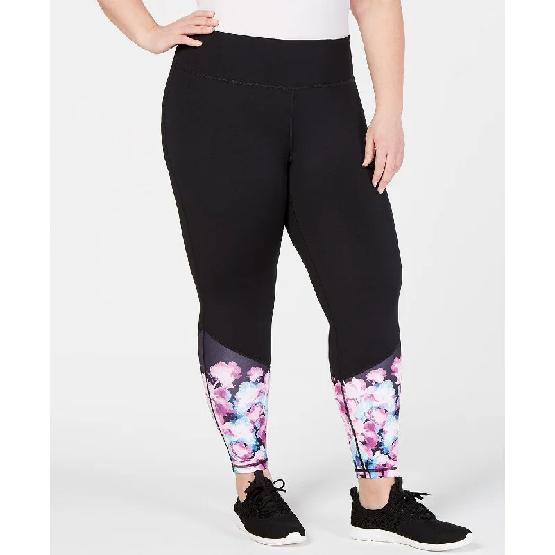 Ideology Women's Plus Floral Ankle Leggings Black Size 1X