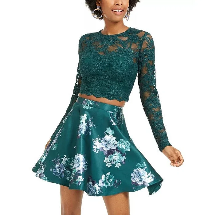 City Studios Junior's Lace Top & Floral Print Skirt Dark Green Size 9