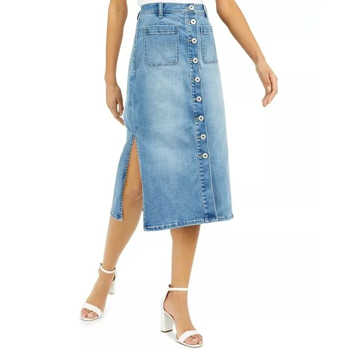 INC International Concepts Women's Button-Down Denim Midi Skirt Blue Size 10