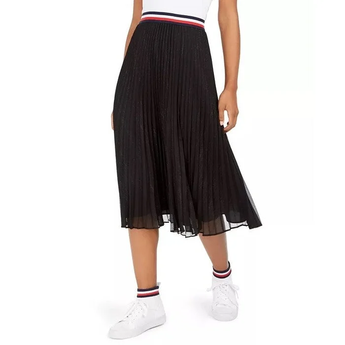 Tommy Hilfiger Women's Metallic Pleated Midi Skirt Black Size X-Large